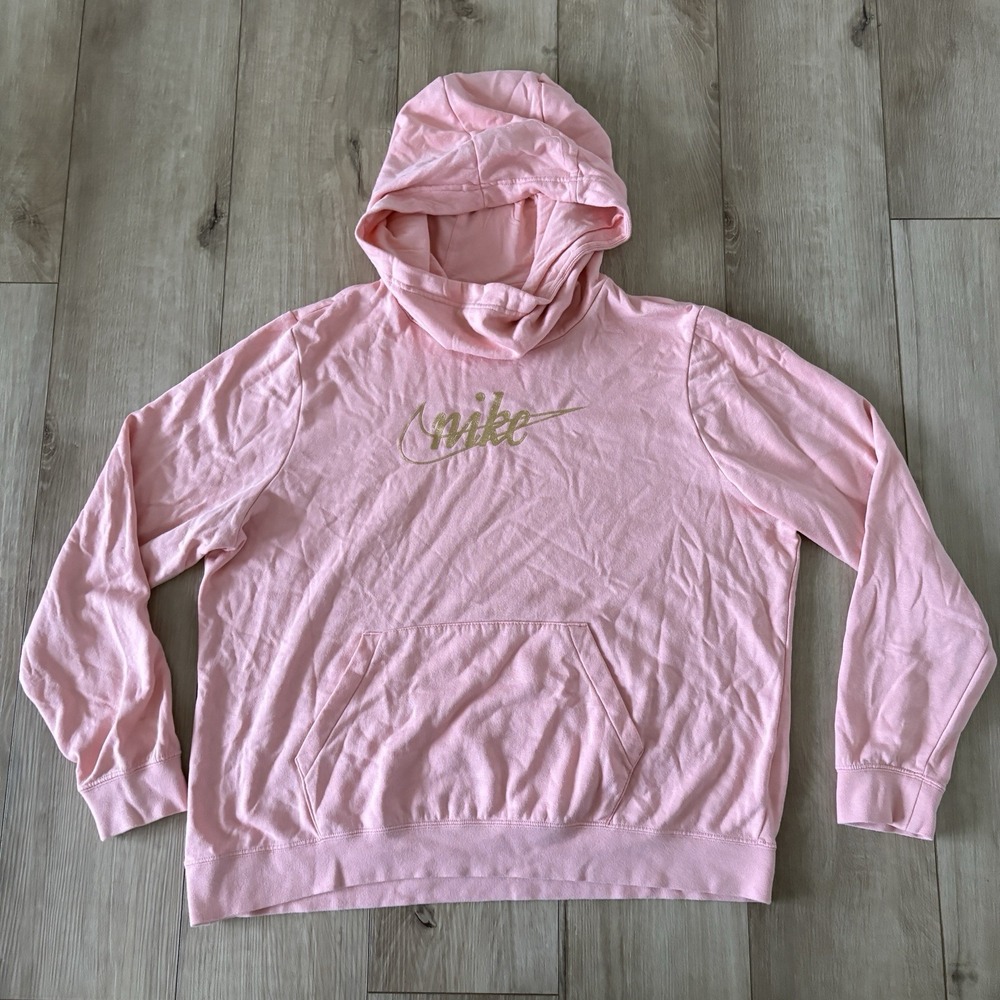 NIKE Cowl Neck Pink & Gold Hoodie Swoosh Soft Womens XL Hooded Sweatshirt